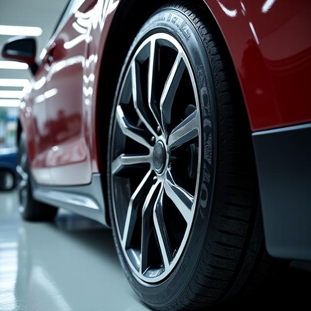 The same car wheel, now sparkling clean, polished, and free of all grime after Cartographer Auto Spa's detailing.