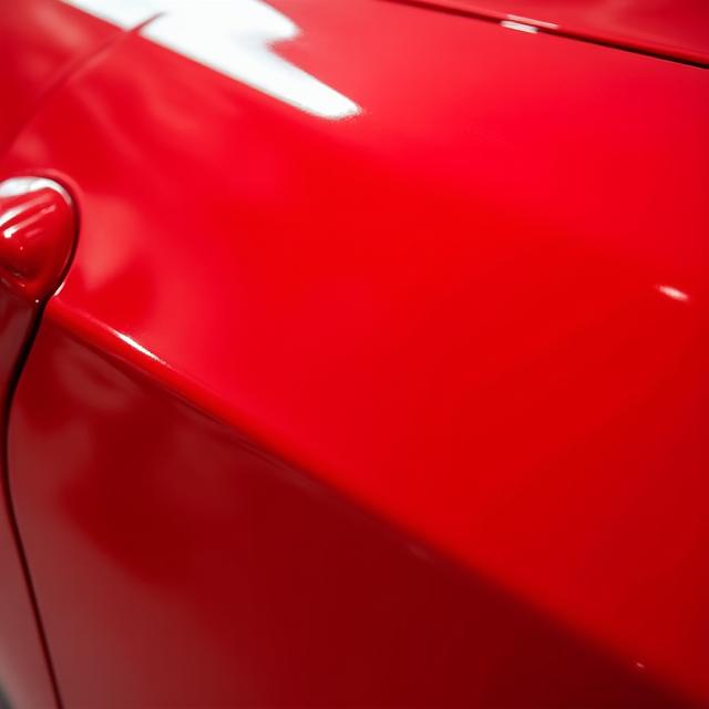 The same red car paint, now incredibly glossy, with a deep, vibrant finish and completely swirl-free after paint correction and ceramic application.