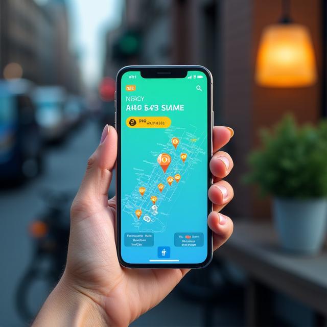 A mobile phone screen showing a map with Cartographer Auto Spa locations and estimated queue times.