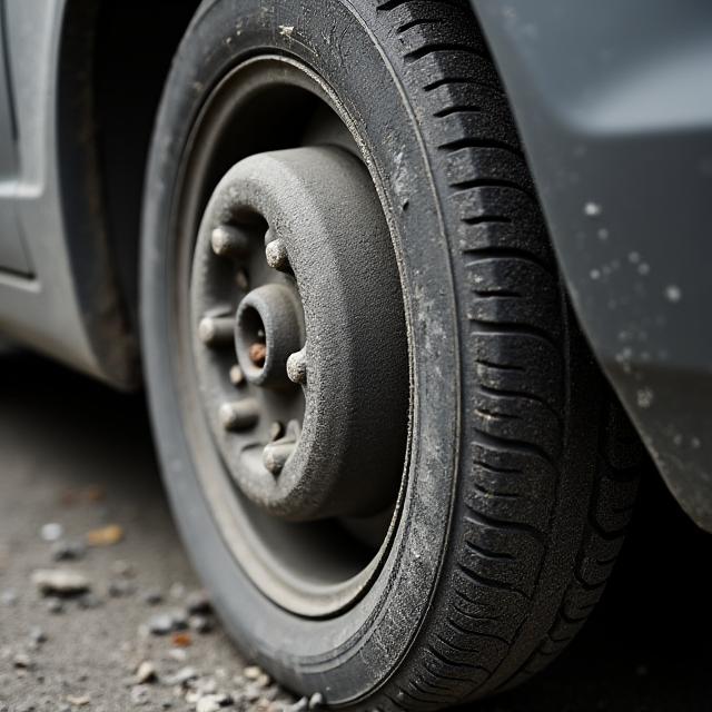 A car wheel covered in brake dust and grime, showing significant neglect.