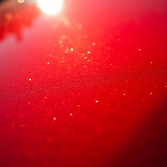 Dull, swirled red car paint under bright light, indicating lack of protection and minor scratches.