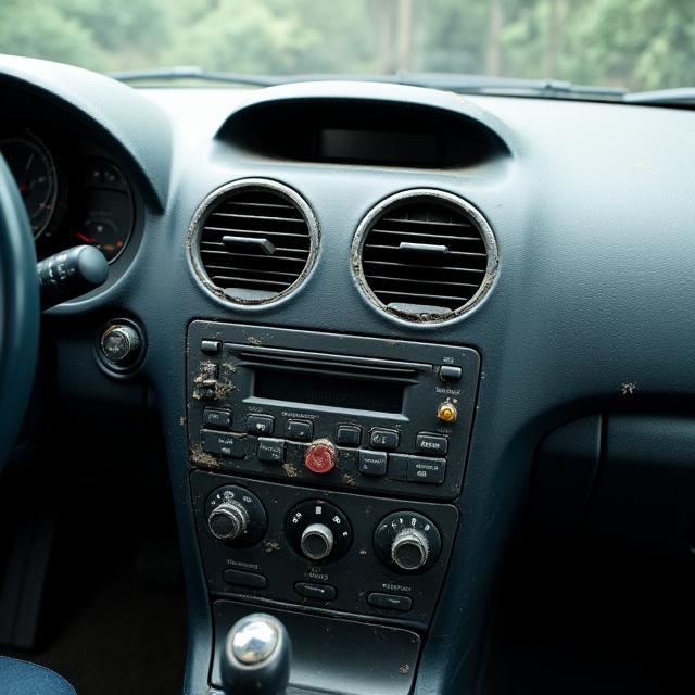 A car interior with dusty vents, smudged screens, and visible debris, indicating a need for deep cleaning.
